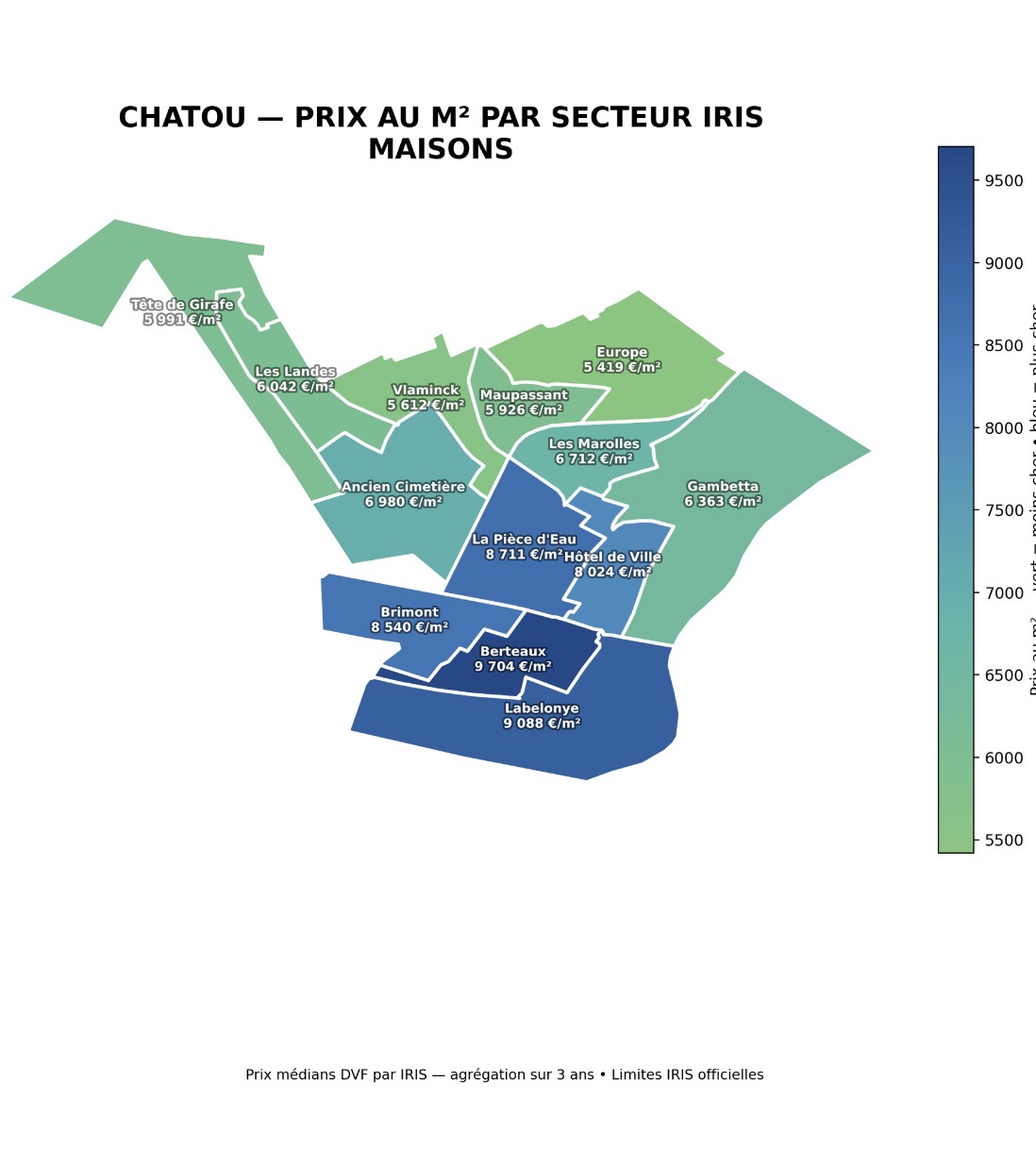 Cartographie des prix médians des maisons par quartier à Chatou